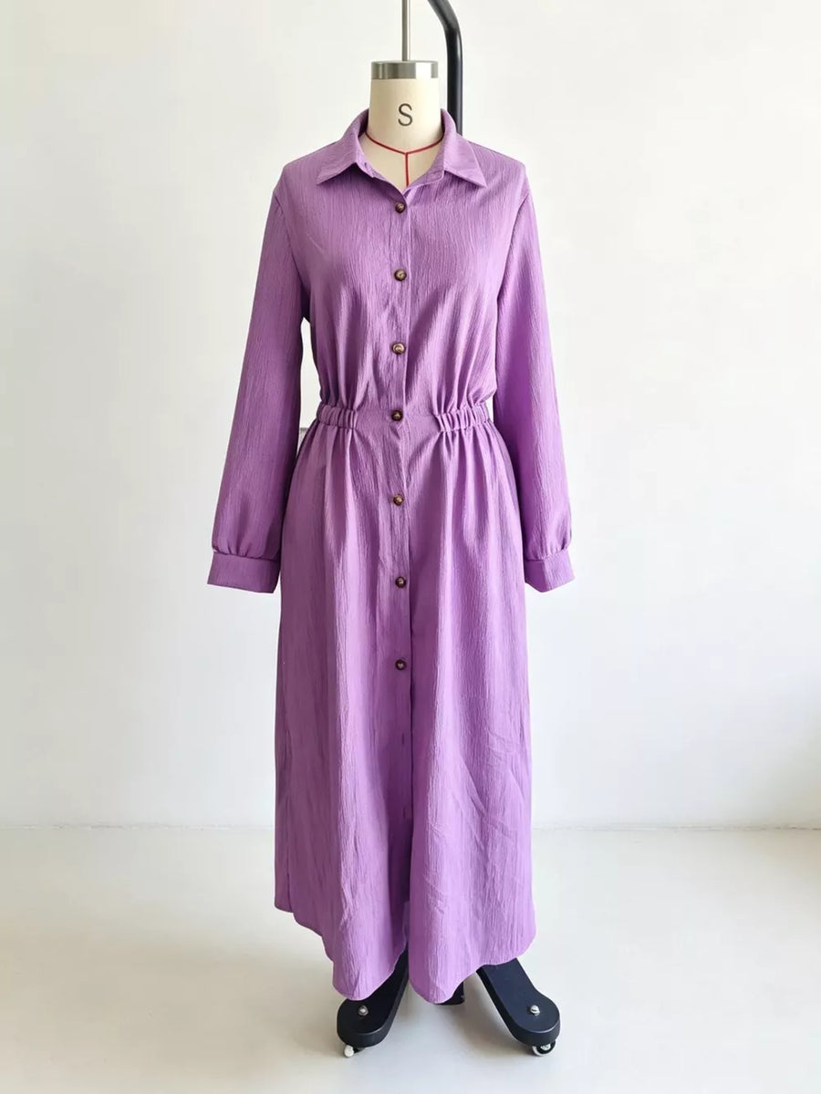 White Textured Button Front Long Sleeve Maxi Dress Plus Size
