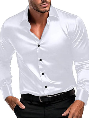 White satin finish button-down shirt with black buttons, long sleeves, and a spread collar.