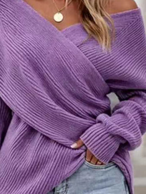 Red Crisscross Ribbed Knit Long Sleeve Sweater