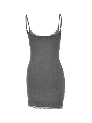 Grey lace trim bodycon mini dress with spaghetti straps.