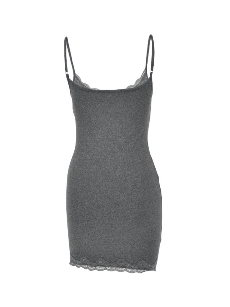 Grey lace trim bodycon mini dress with spaghetti straps.