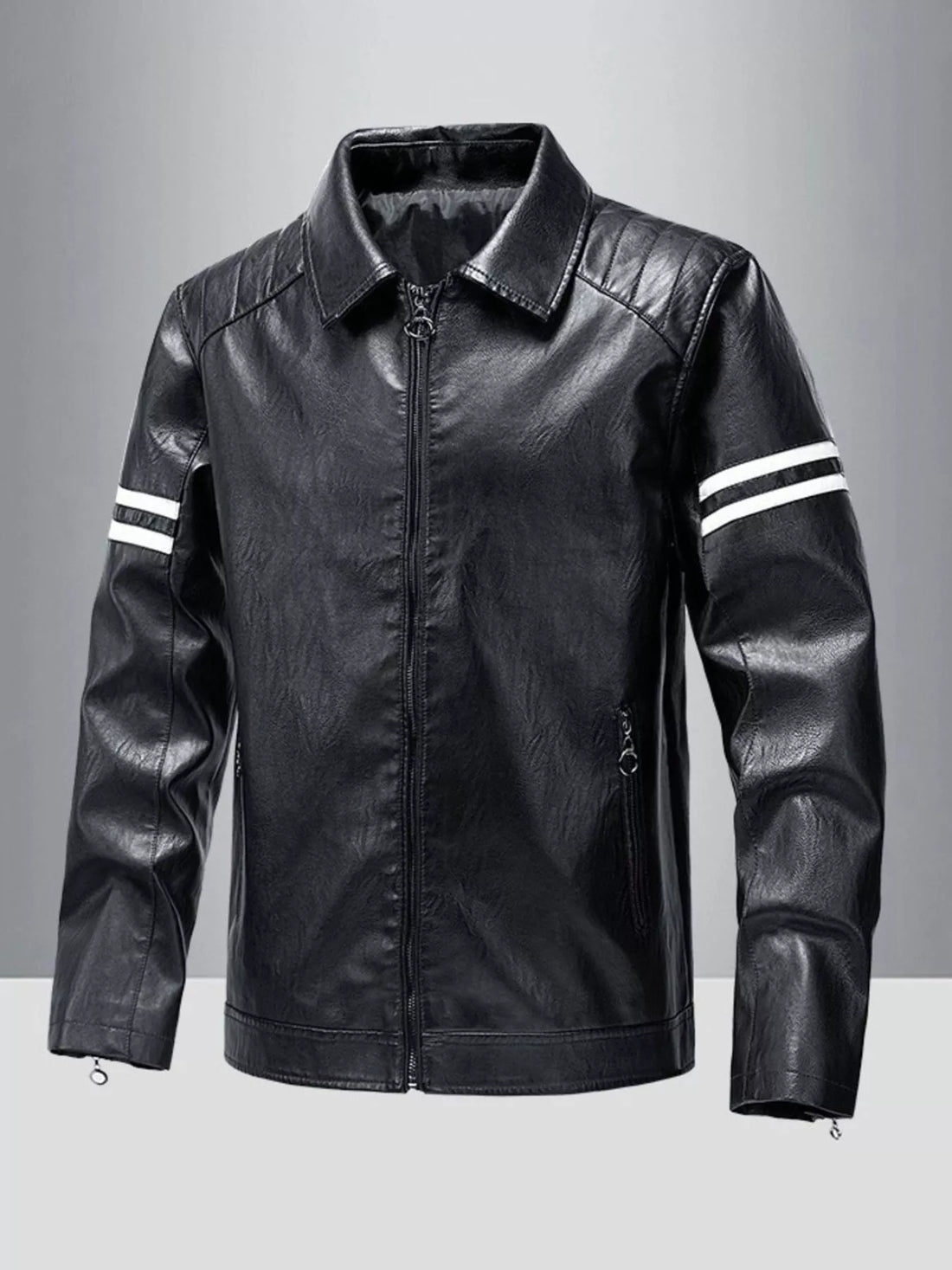 Men's black leather motorcycle jacket with white stripe detail on sleeves.