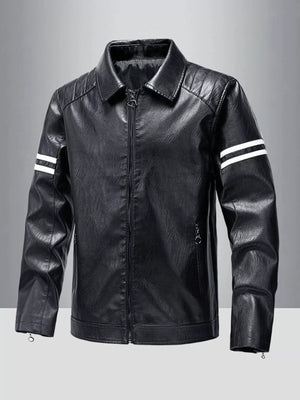 Men's black leather motorcycle jacket with white stripe detail on sleeves.