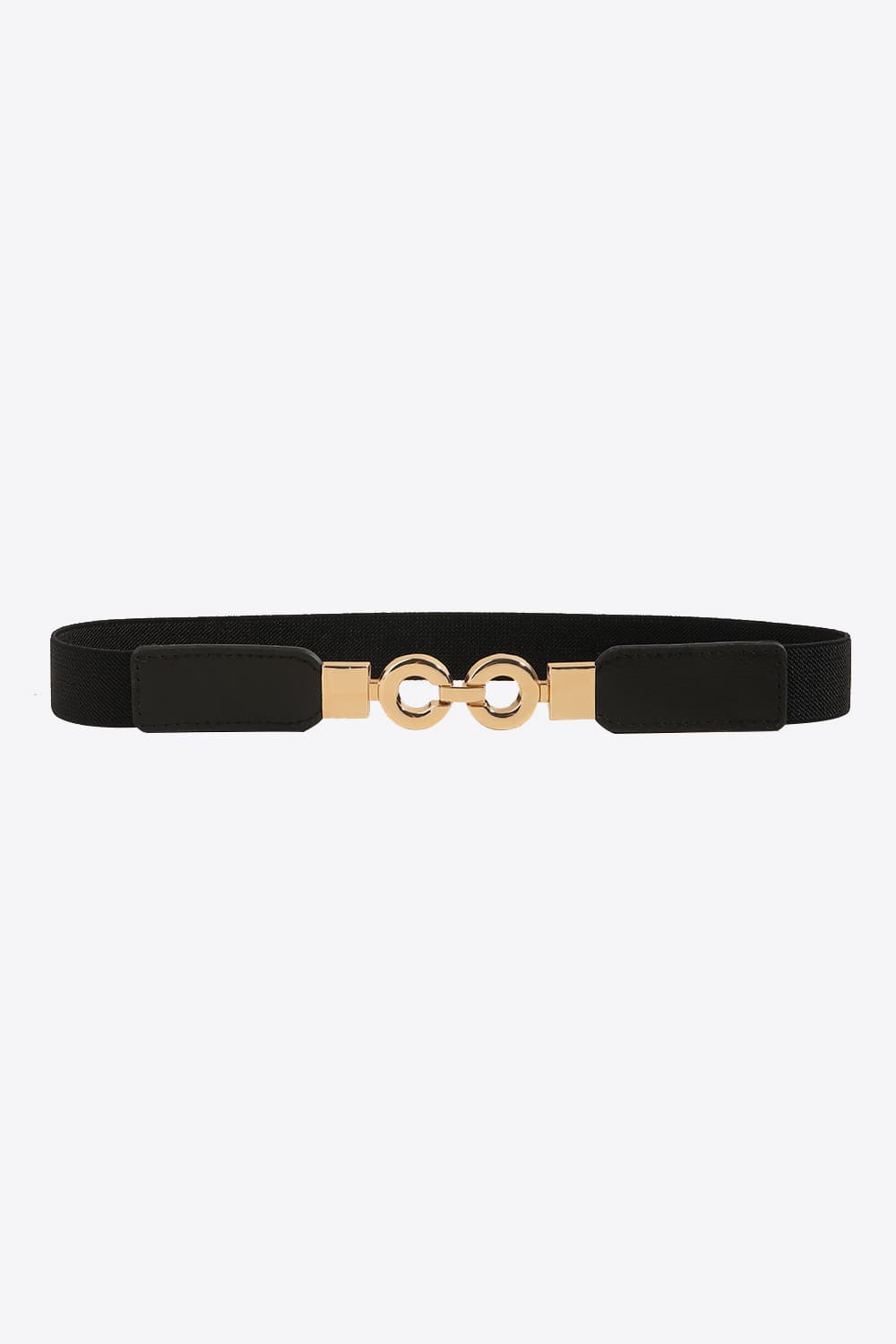 Black elastic belt with gold interlocking circle buckle and faux leather ends