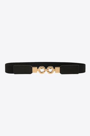 Black elastic belt with gold interlocking circle buckle and faux leather ends
