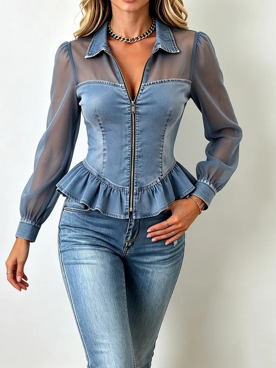 Dusty Blue peplum top with waist-length and zip-front