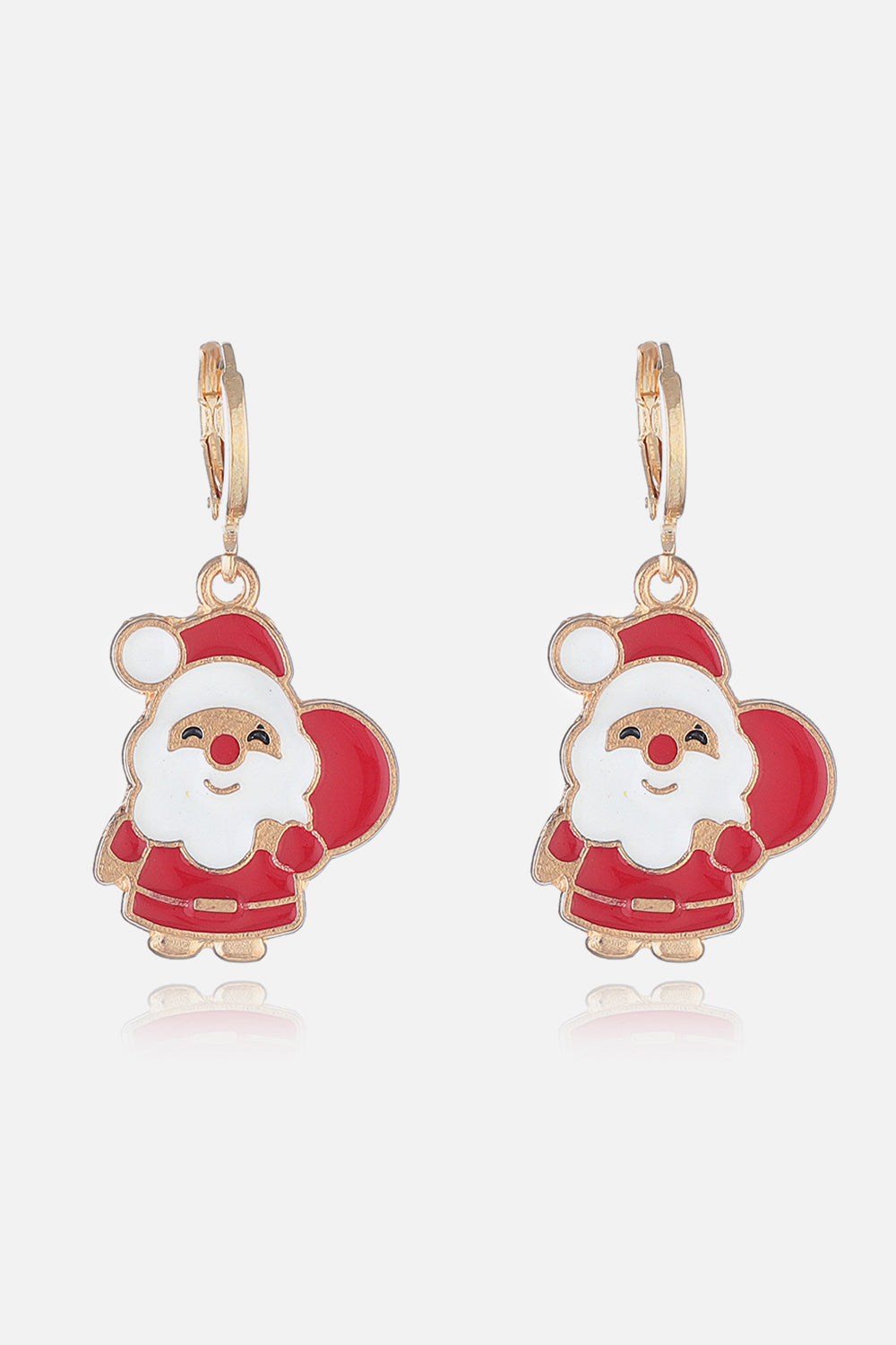 Festive Santa charm hoop earrings in red and white enamel with gold-tone alloy.
