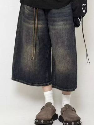 Dark Men's Wide Leg Washed Denim Capris Plus Size