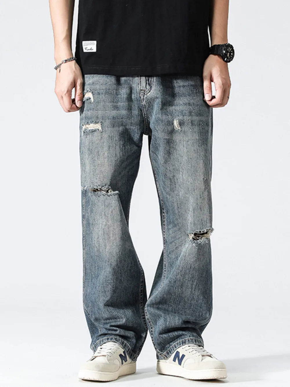 Blue Men's Distressed Loose Fit Jeans