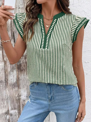 Green and white vertical stripe blouse with ruffle sleeves and V-neck