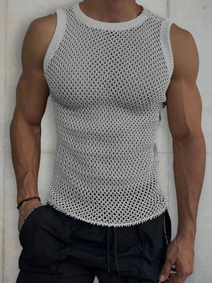 Gray open-knit tank top with ribbed trim and a sheer, breathable texture.