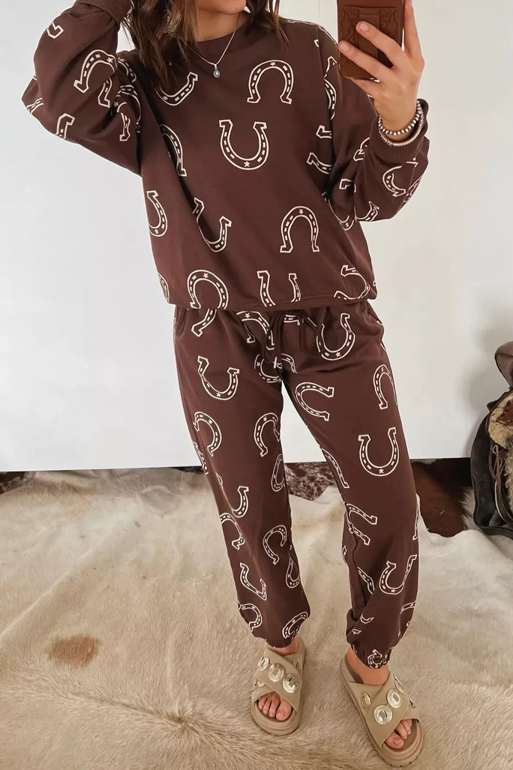 Coffee Brown Western Print Elastic Waist Pocket Pant Set