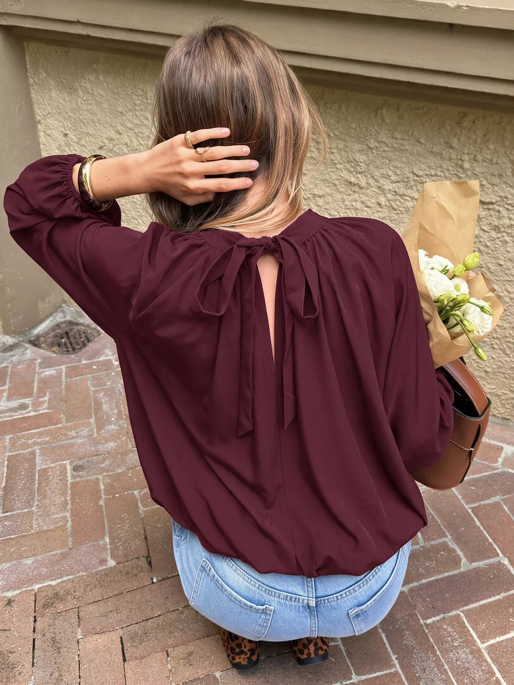 classic blouse in Fuchsia Pink with mock neck