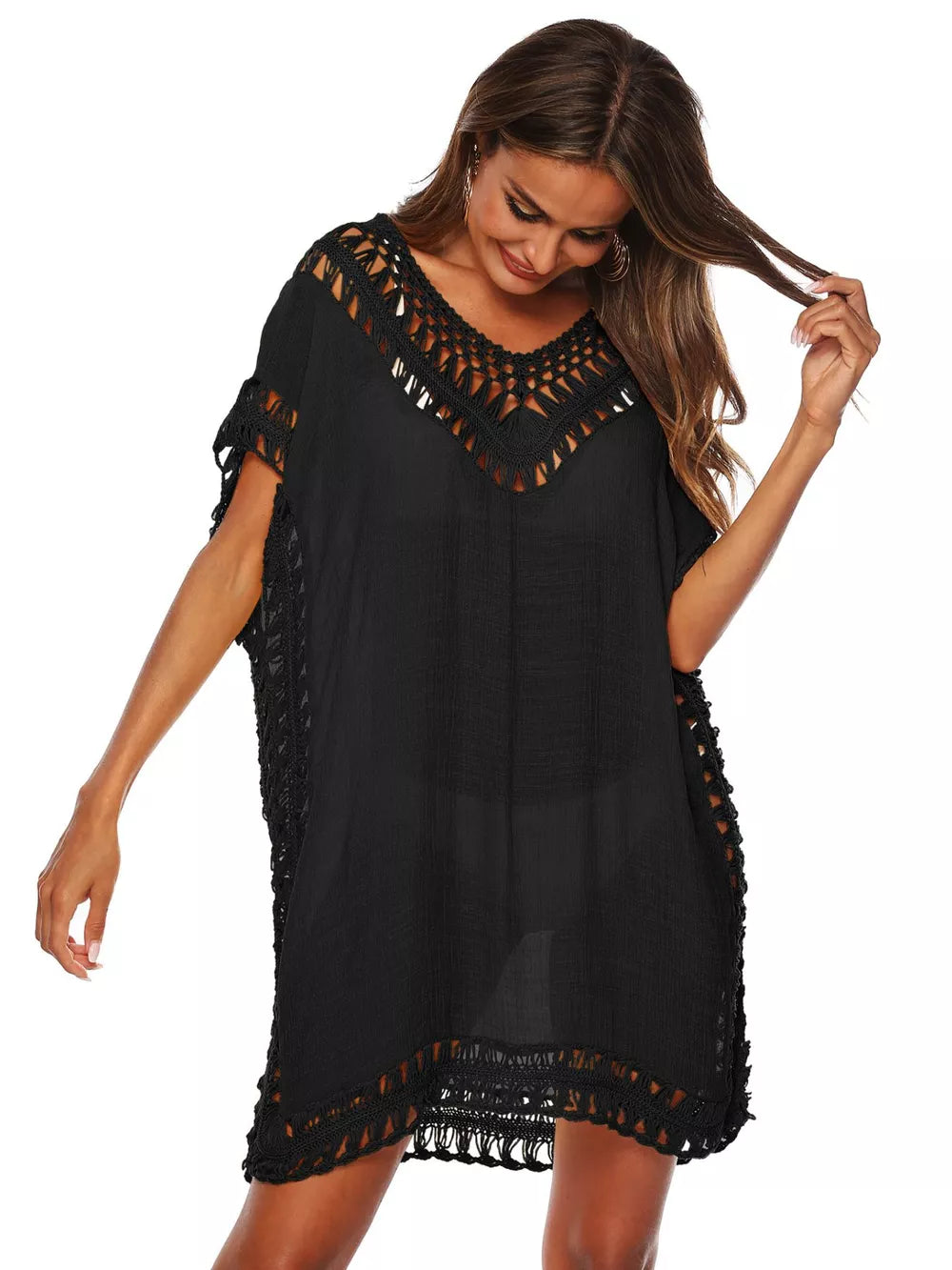 Black crochet V-neck cover-up dress with fringe details and cutout accents.