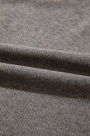 Solid Color Ribbed Lace Trim V-Neck Top in charcoal gray with buttoned