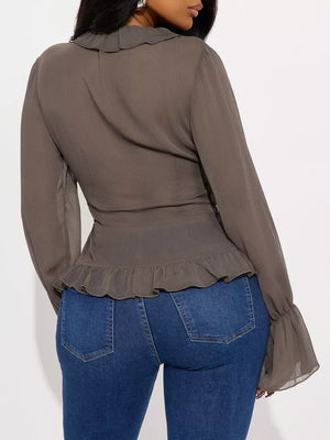 Ruffled V-neck Long Sleeve Blouse option 5
