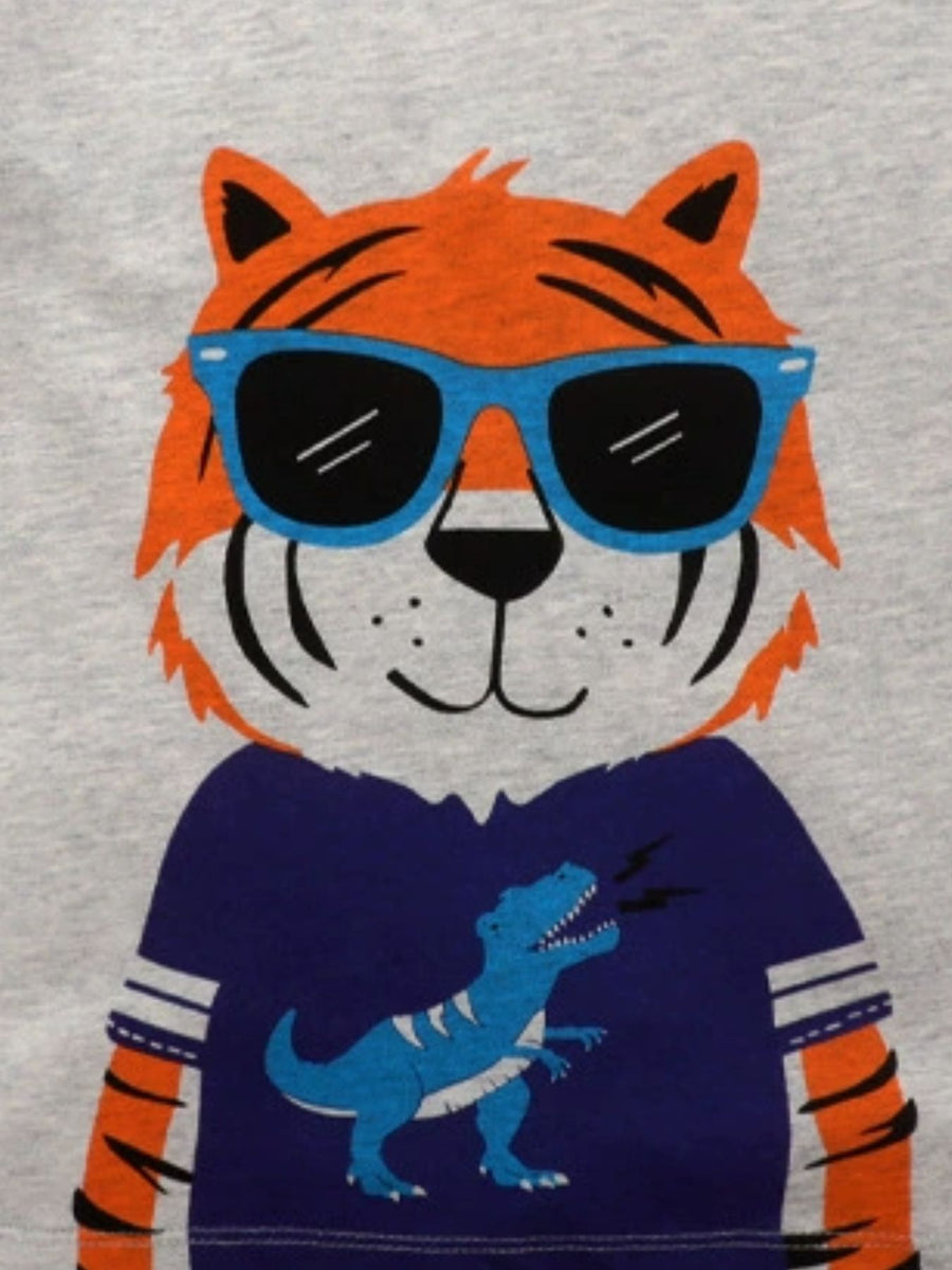 Toddler t-shirt with a grey cotton crew neck, featuring a tiger graphic wearing blue sunglasses and a blue dinosaur graphic.