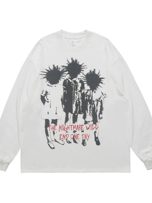White cotton long sleeve t-shirt with graphic print and text.