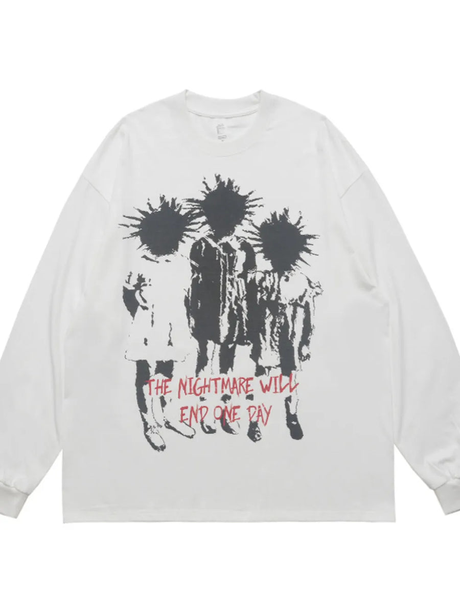 White cotton long sleeve t-shirt with graphic print and text.