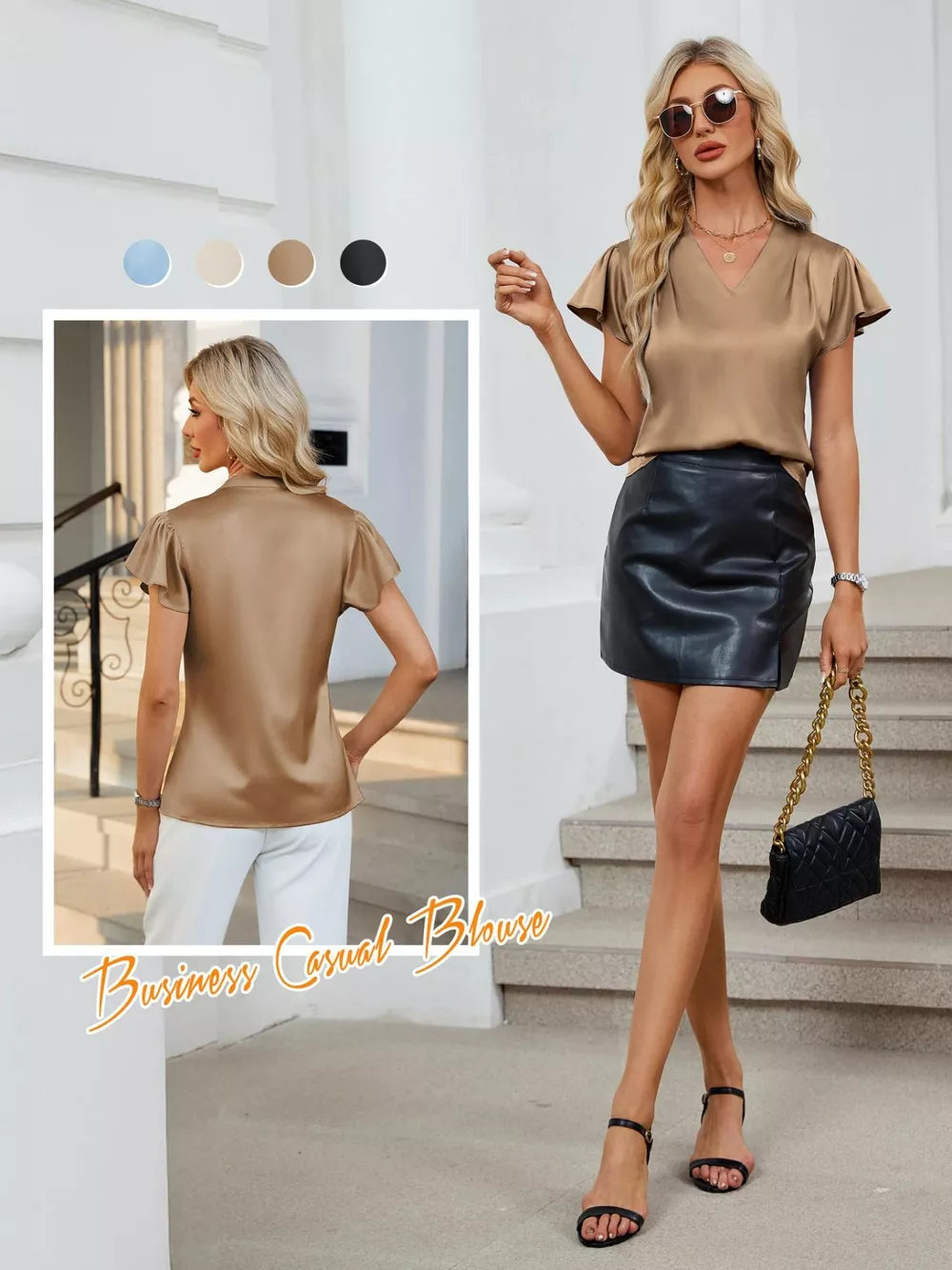 Satin V-neck flutter sleeve blouse in Khaki, shown styled with a black leather skirt.