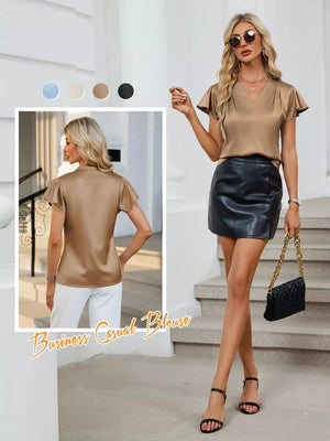 Satin V-neck flutter sleeve blouse in Khaki, shown styled with a black leather skirt.