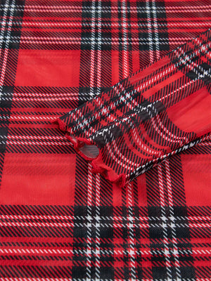 red fitted blouse with mock neck