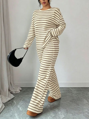 Striped Relaxed Fit Top And Pants Set in black with waffle-knit