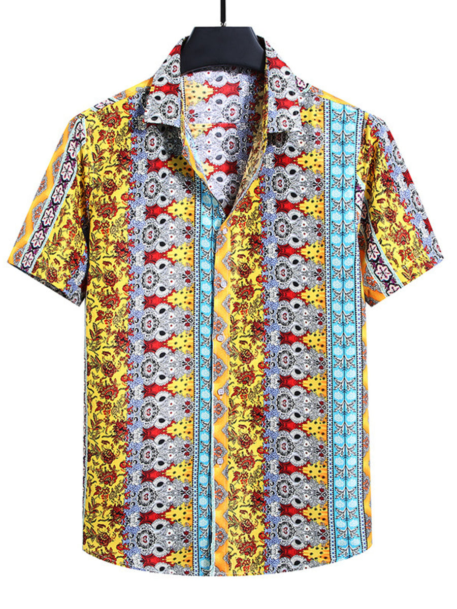 Men's yellow cotton short sleeve button-up shirt with a colorful ethnic print.