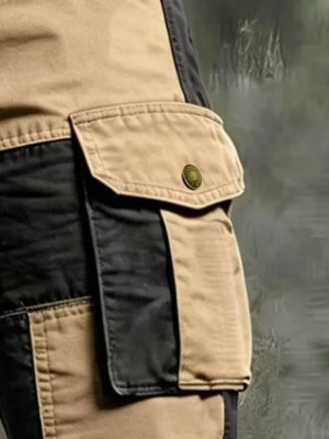 black cargo pants featuring belted and color-block