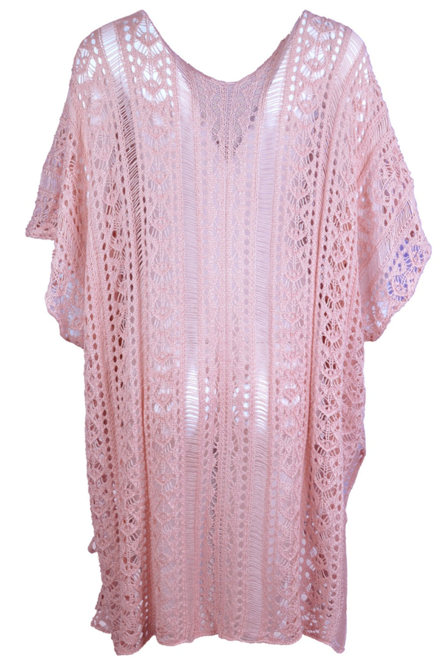 Dusty Pink open-knit V-neck beach cover-up with short sleeves and a relaxed fit.
