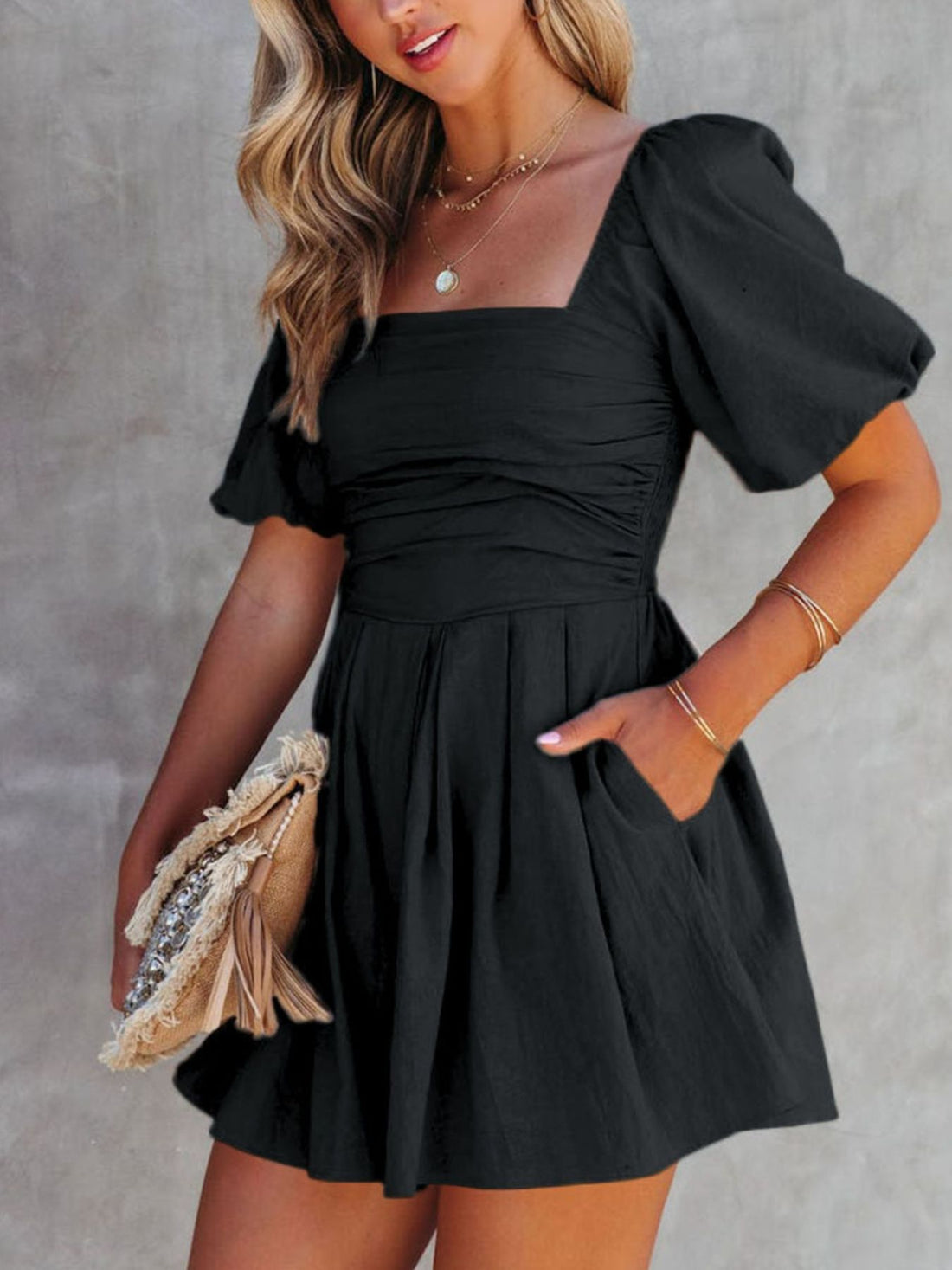 Black ruched puff sleeve square neck cotton romper with pockets