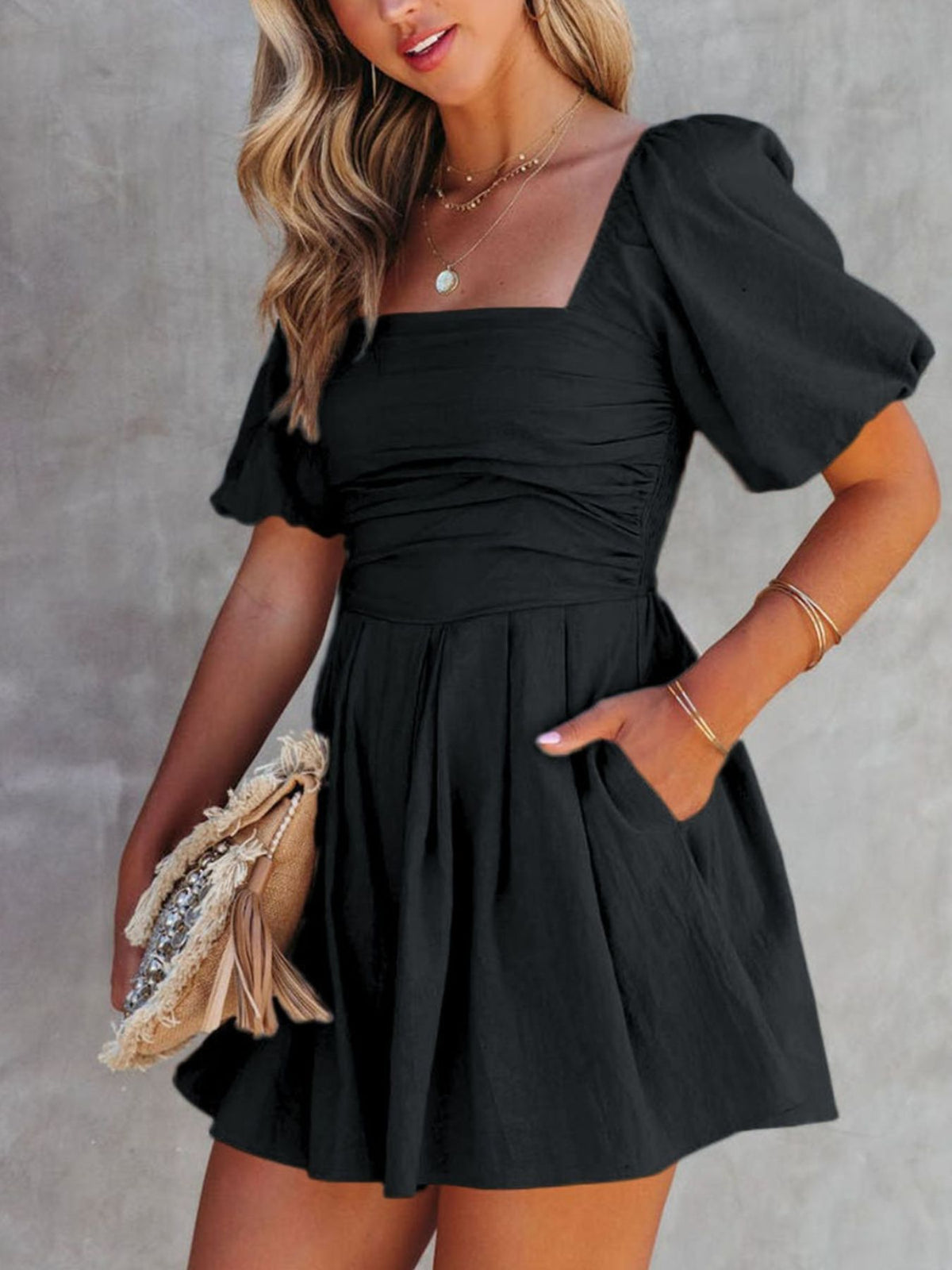 Black ruched puff sleeve square neck cotton romper with pockets