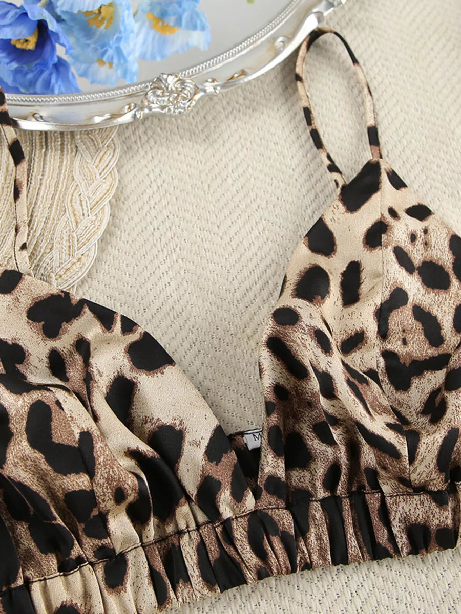 brown pajama set with open-front and leopard-print