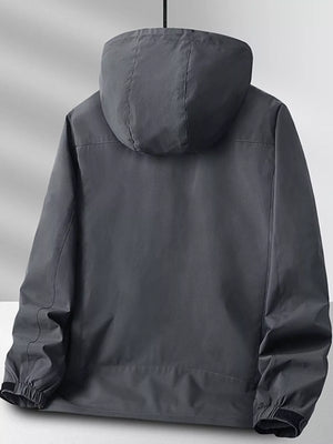 Grey hooded zip jacket with elastic cuffs and adjustable hem