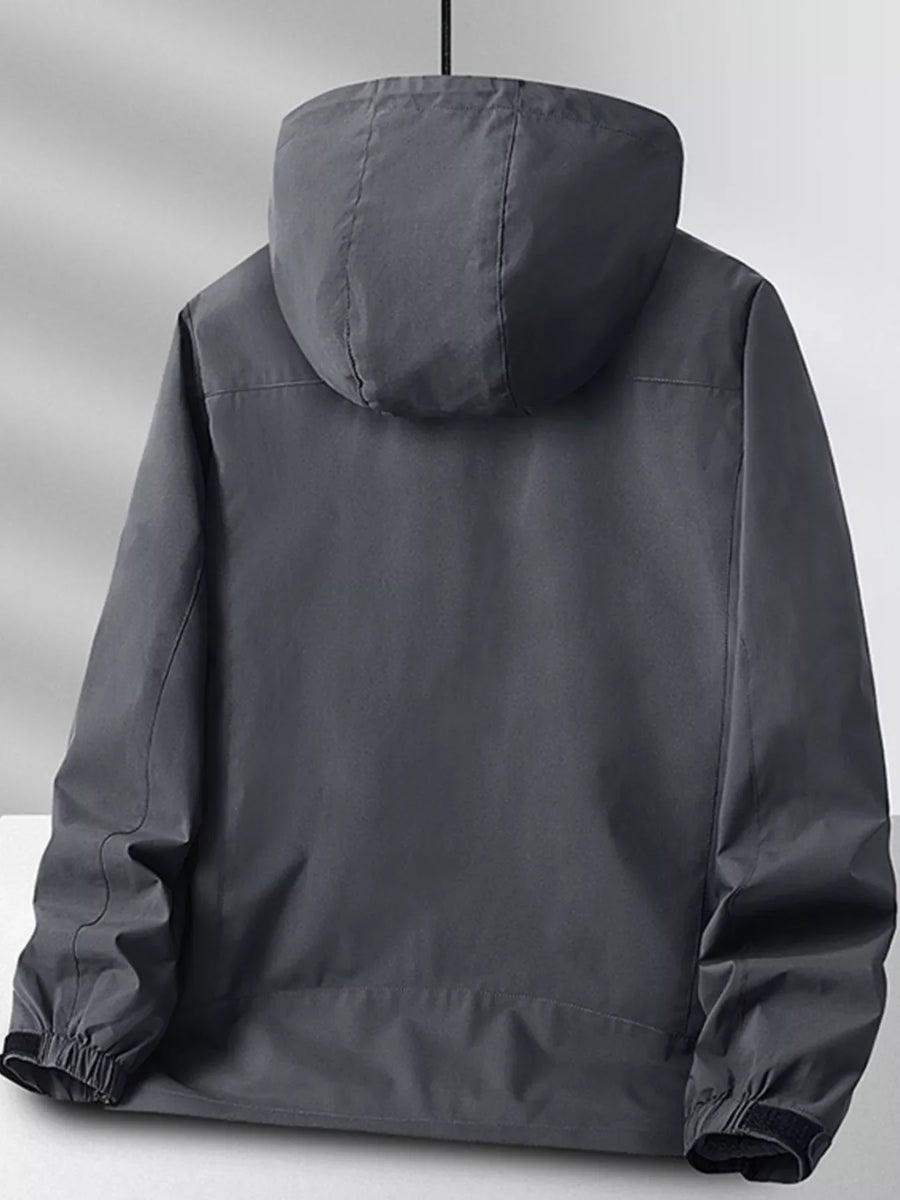 Grey hooded zip jacket with elastic cuffs and adjustable hem