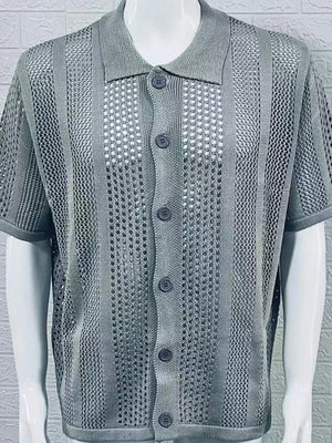 Gray open-knit resort shirt with short sleeves and button front