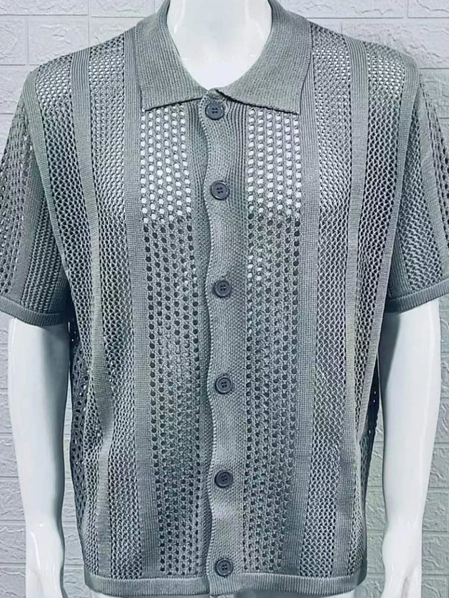 Gray open-knit resort shirt with short sleeves and button front