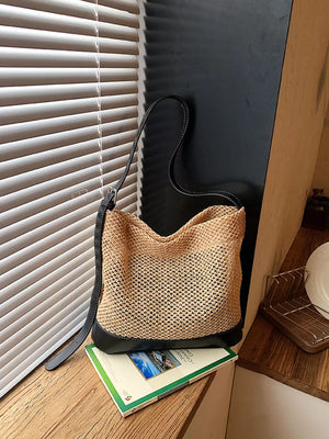 shoulder bag in tan featuring woven texture and relaxed fit