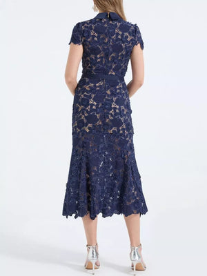 Dark blue floral lace midi dress with short sleeves and belt