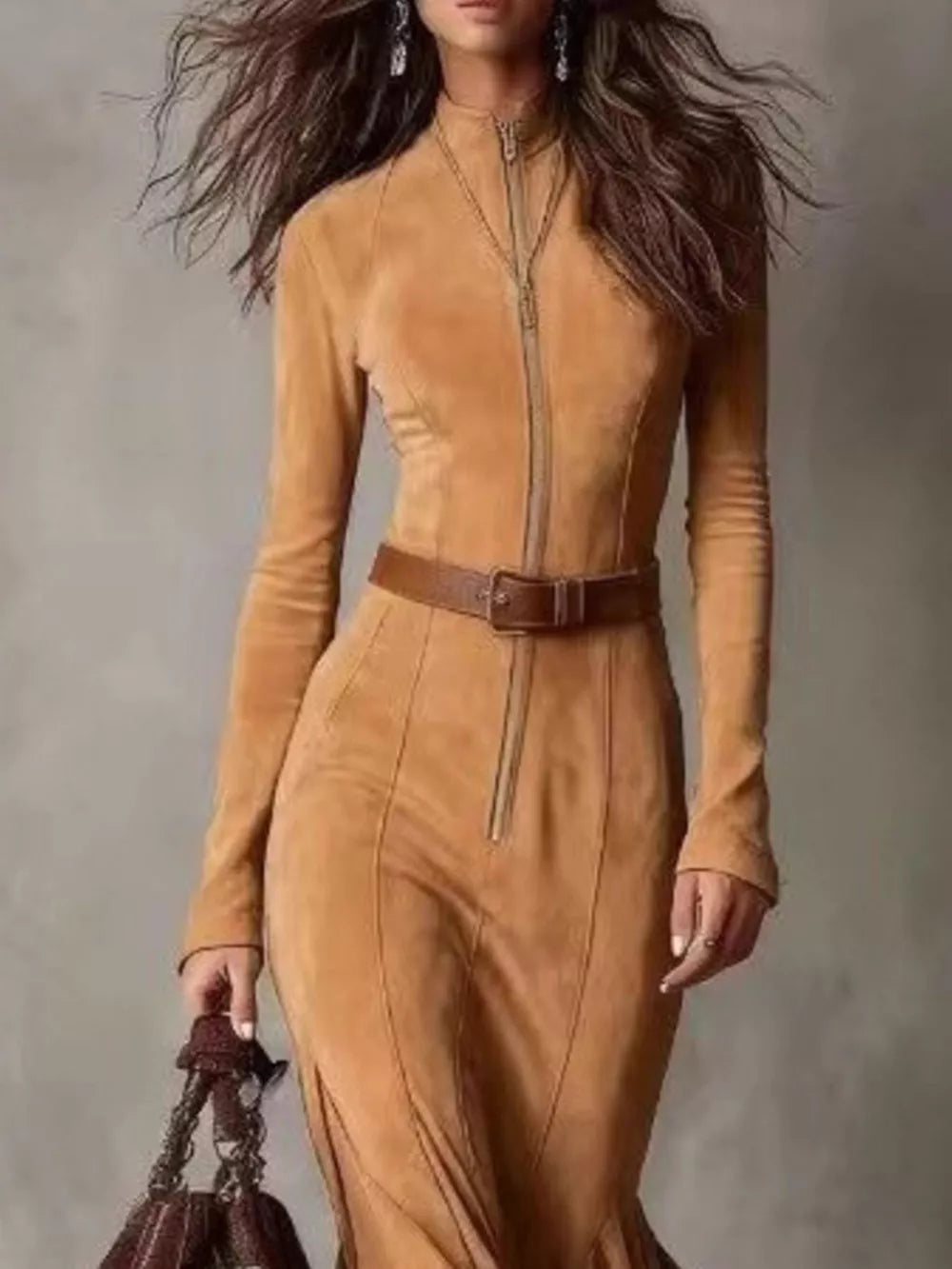 Dark Brown maxi dress with front slit and long sleeve