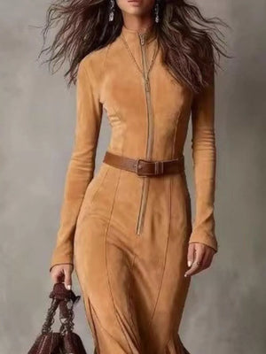 Dark Brown maxi dress with front slit and long sleeve