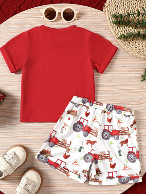 Red cotton blend baby outfit set with tractor and farm animal print shorts.