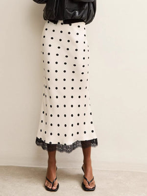midi skirt in ivory featuring lace and flared fit
