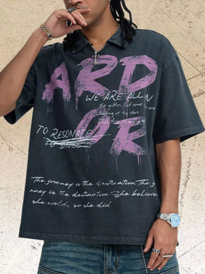 Dark gray distressed graphic tee with relaxed fit and collared neckline.