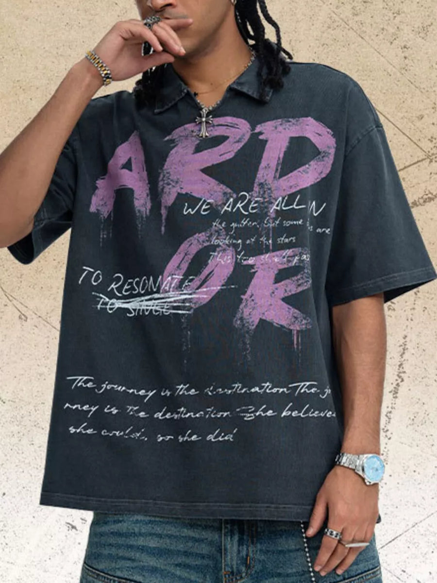 Dark gray distressed graphic tee with relaxed fit and collared neckline.