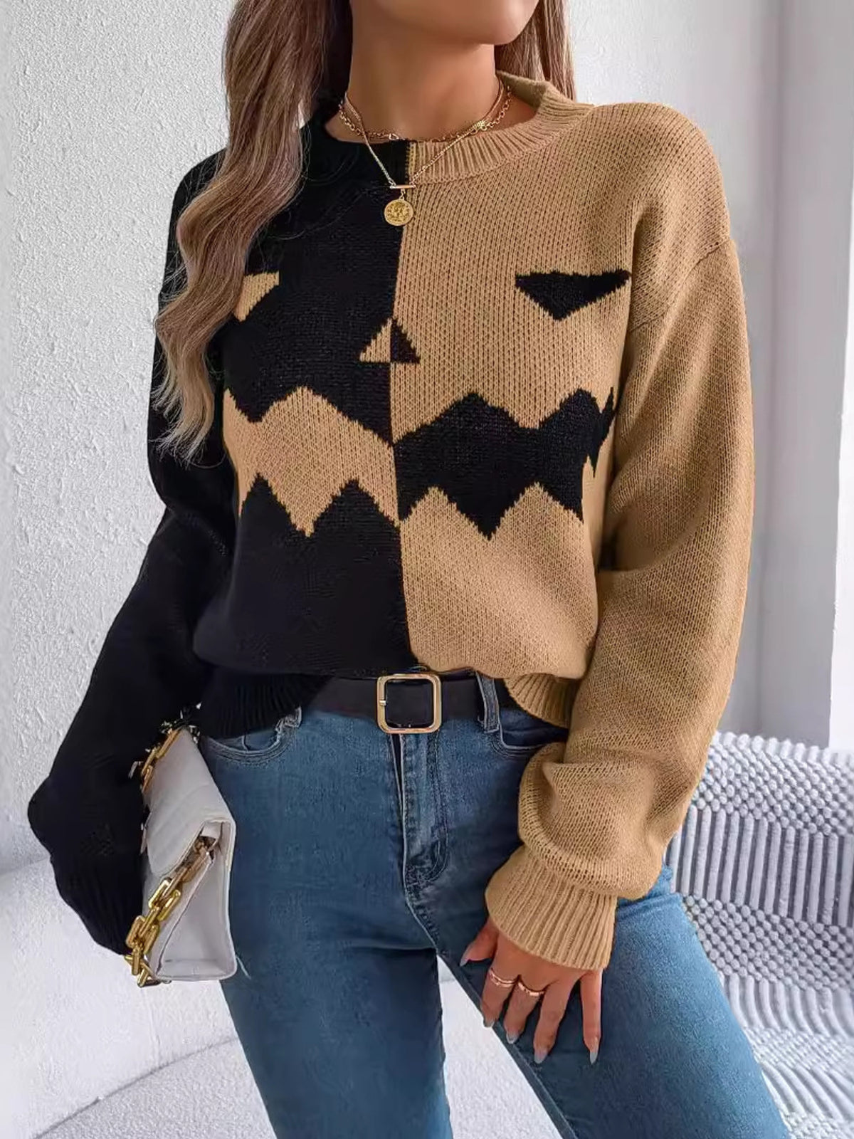Pumpkin Face Graphic Two Tone Sweater in black with stretch