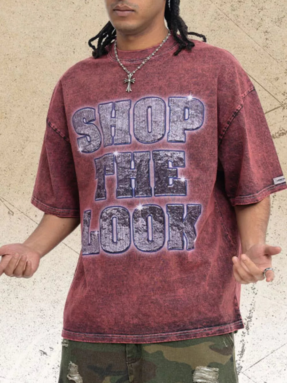 Burgundy acid-wash cotton t-shirt with "SHOP THE LOOK" graphic print