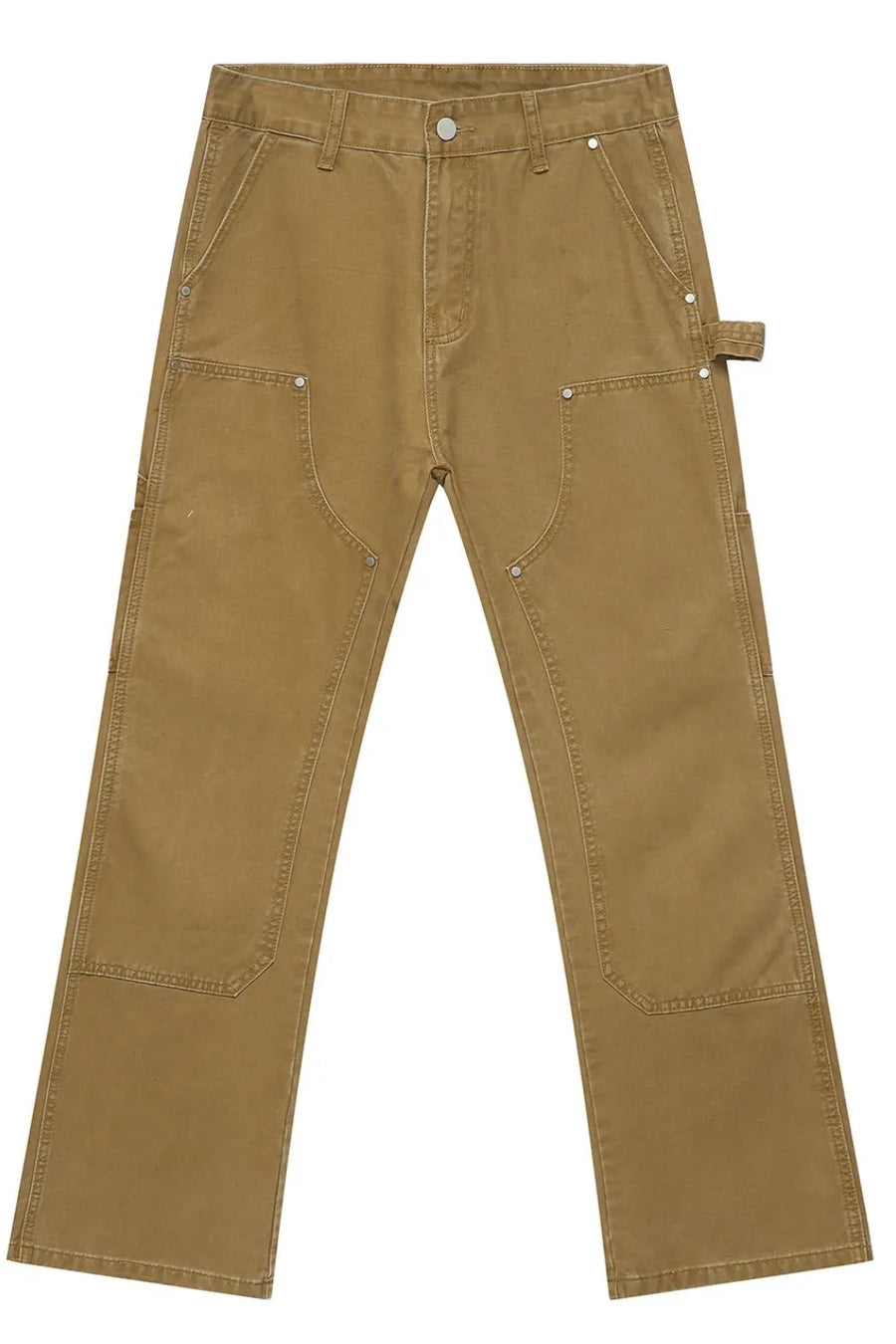 Khaki wide leg carpenter pants with utility pockets and reinforced knees.