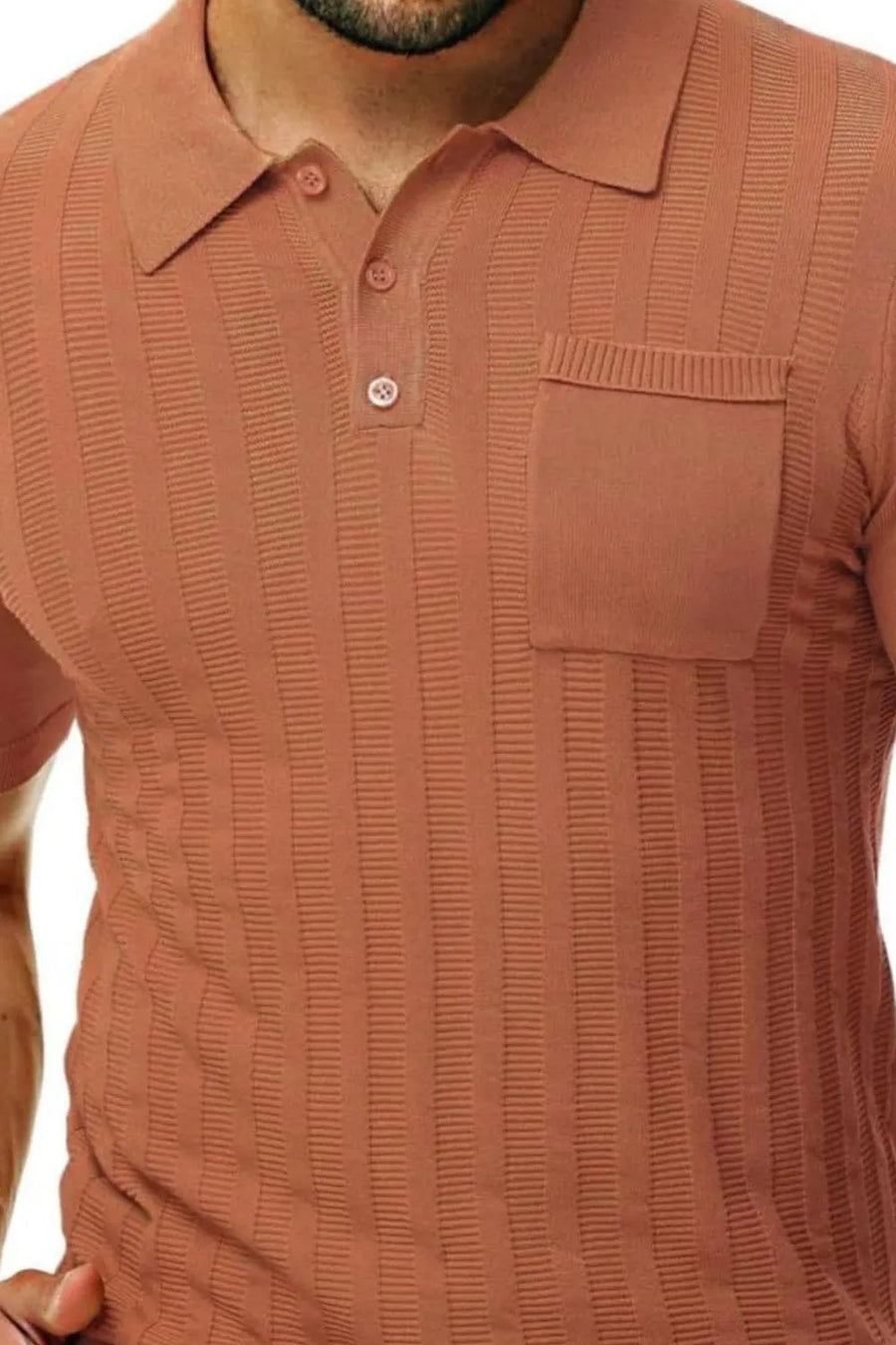 Caramel ribbed knit polo shirt with chest pocket and button placket.