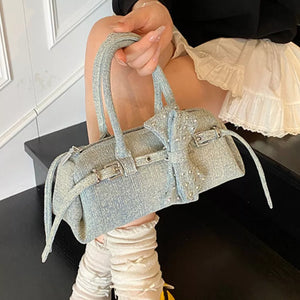 Blue with Denim Bow Accent Crossbody Bag in Blue